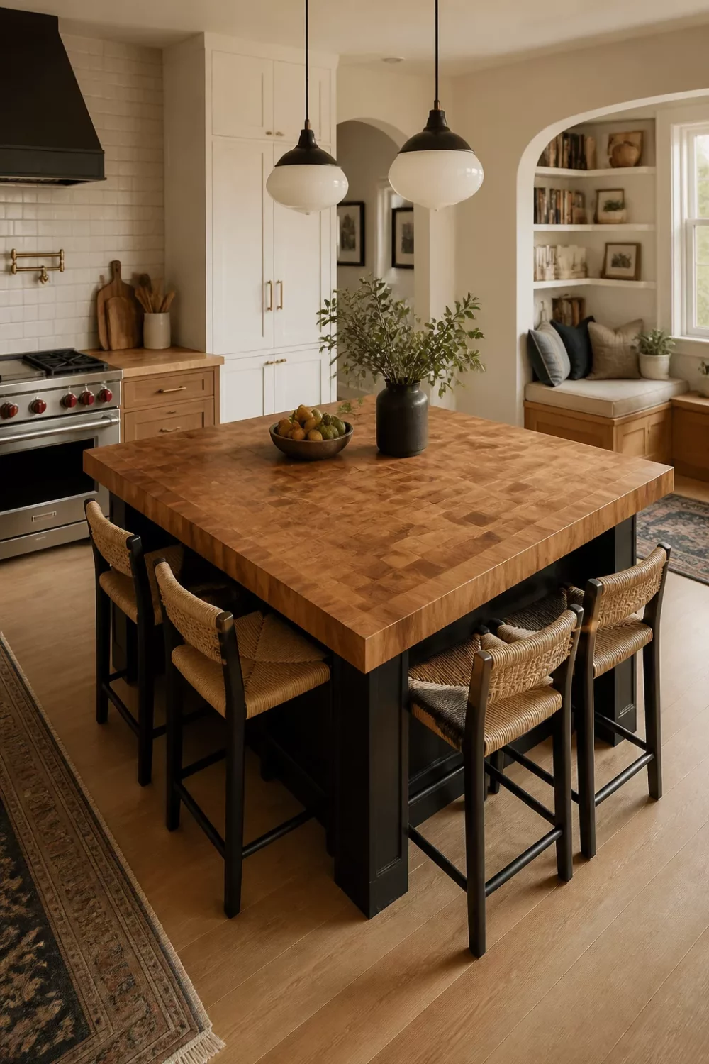 Kitchen butcher block countertops — thick end-grain island with woven stools and black pendant lights