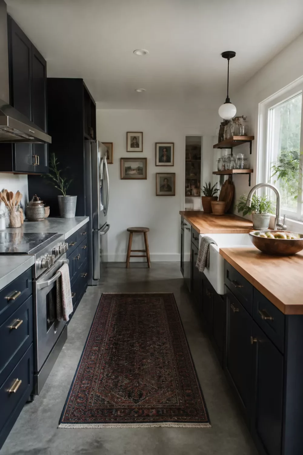 Galley kitchen with butcher block countertops on the sink side, navy cabinets, concrete floors, and a Persian runner.