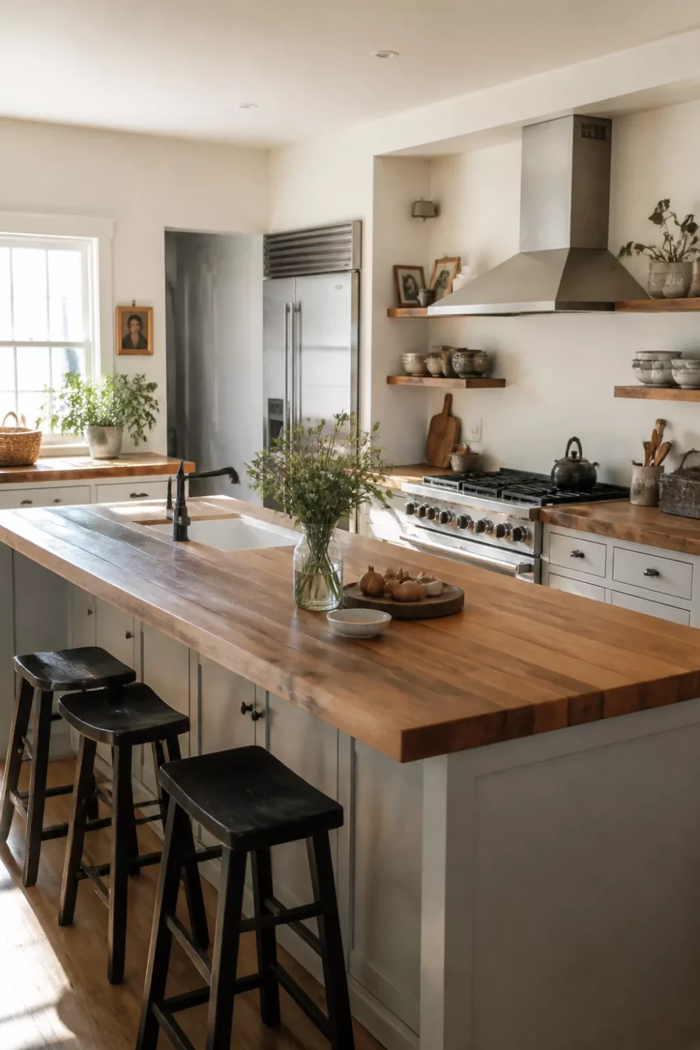 Kitchen butcher block countertops on a gray island, freshly oiled reclaimed-look wood surface with open shelving