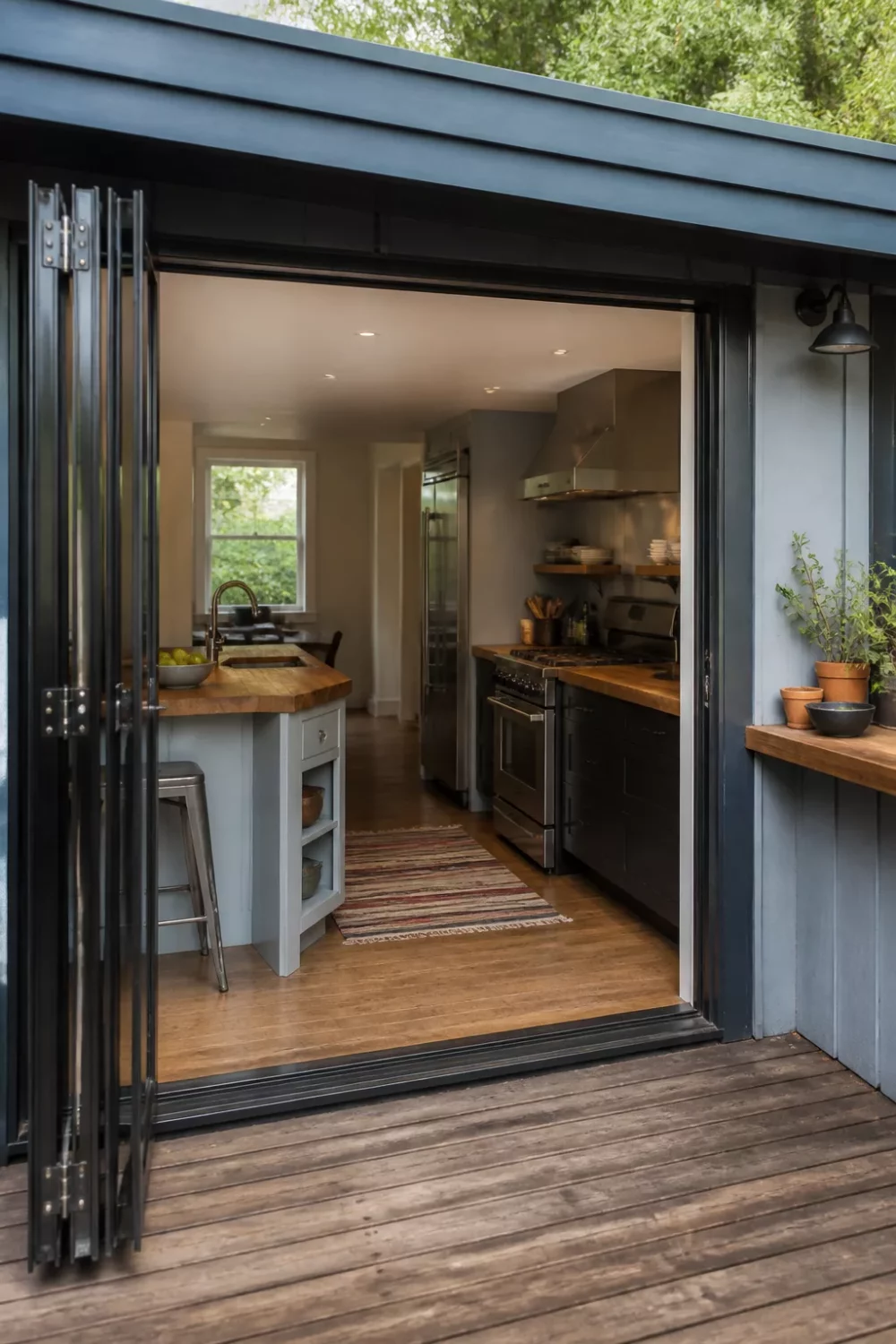 Kitchen butcher block countertops viewed through open bi-fold steel doors leading to a wood deck.
