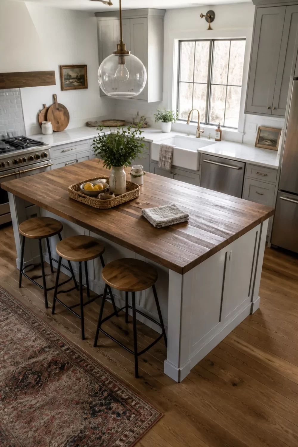Kitchen butcher block countertops on a white island base with warm wood grain, gray cabinets, and farmhouse sink