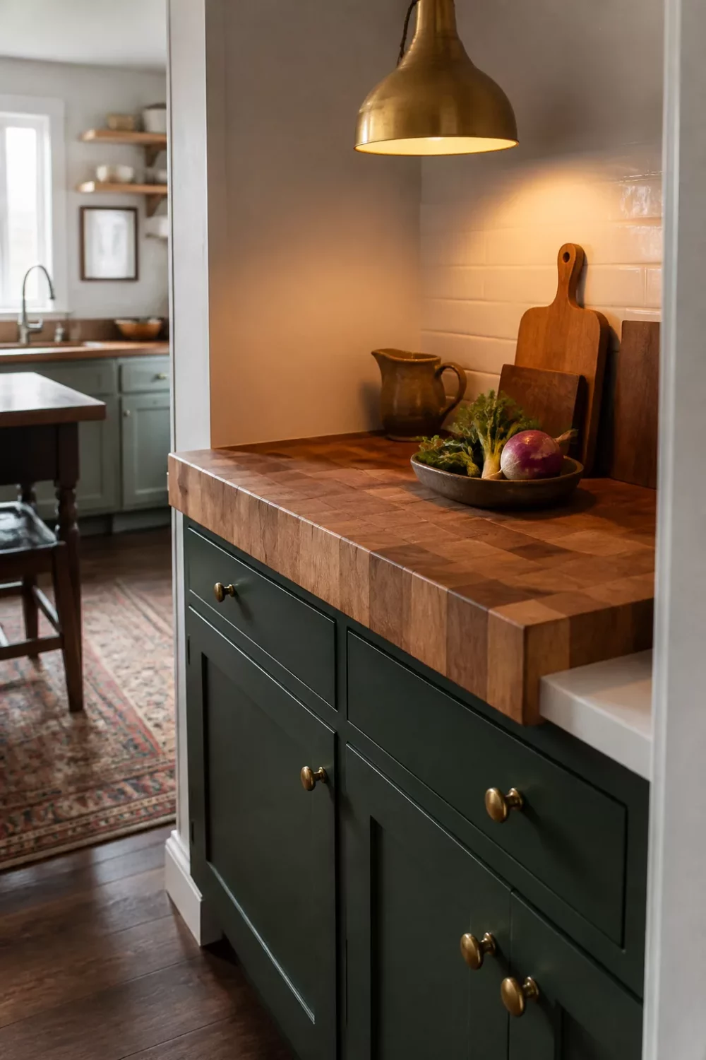 Kitchen butcher block countertops in end-grain wood over dark green shaker cabinets with brass hardware and pendant light
