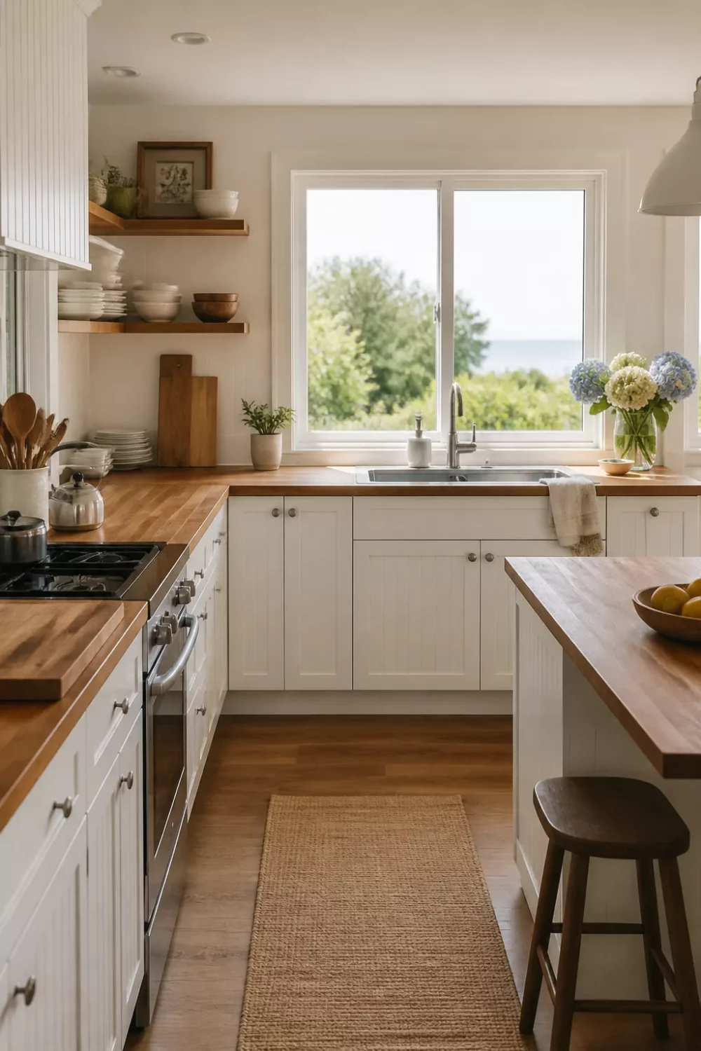 Coastal kitchen with teak butcher block countertops, white shaker cabinets, open shelving, and a window overlooking greenery.