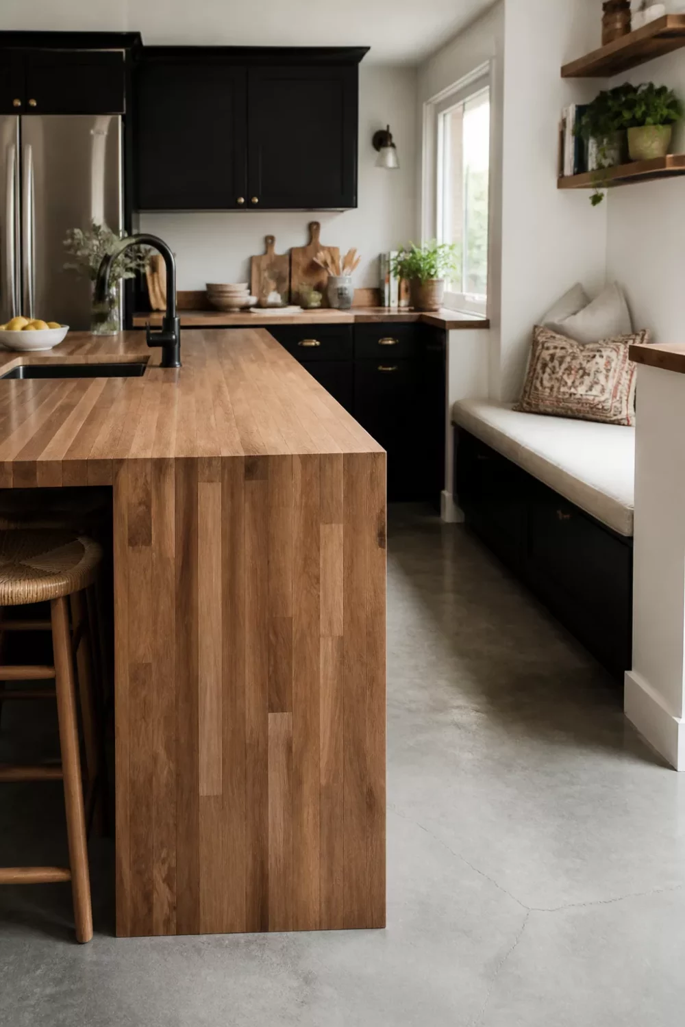Kitchen butcher block countertops with waterfall edge oak island, black shaker cabinets, and concrete floors
