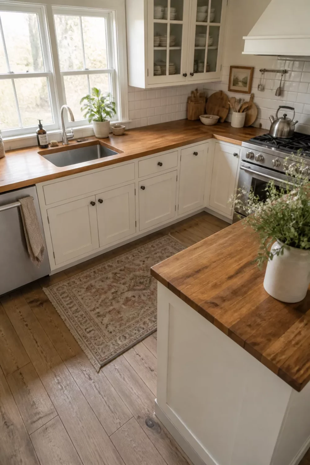 Kitchen butcher block countertops with undermount sink cutout, white shaker cabinets, and wide-plank hardwood floors