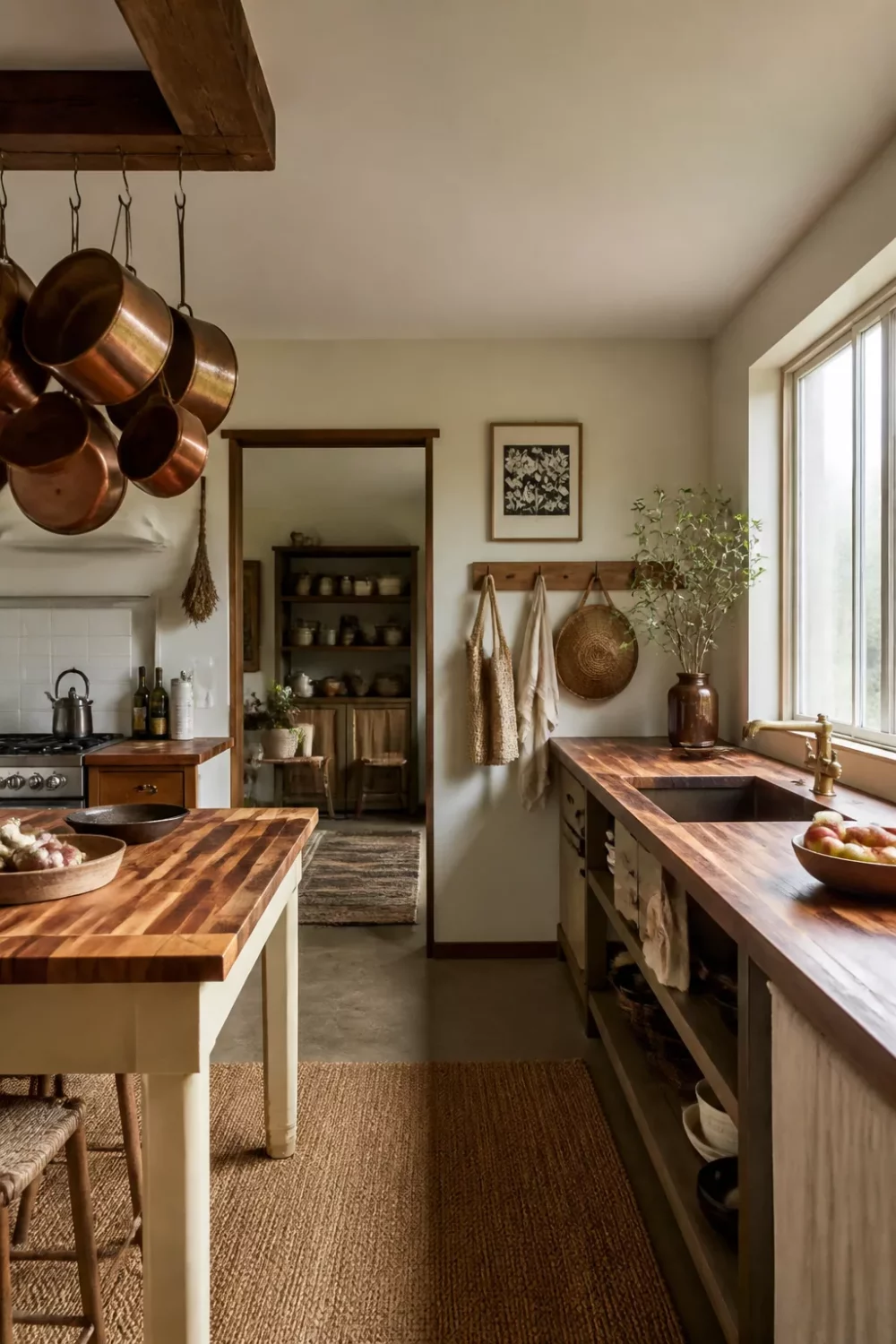 Boho kitchen with acacia butcher block countertops, hanging copper pots, open shelf base, and jute rug
