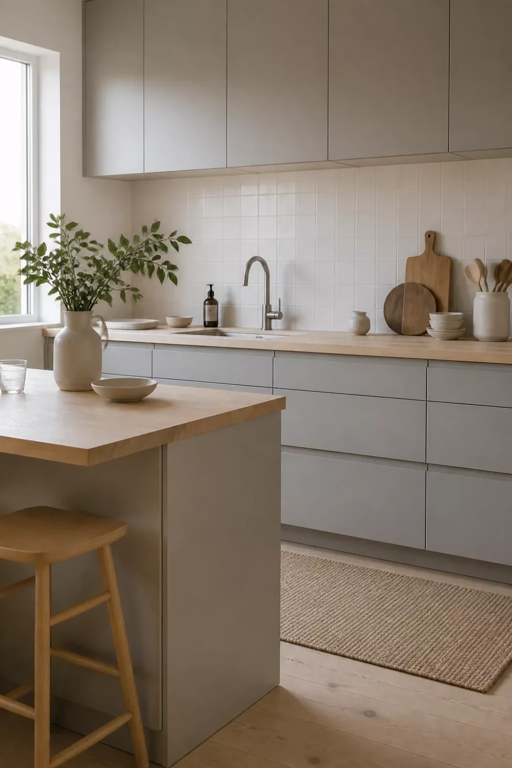 Pale ash kitchen butcher block countertops with flat-front gray cabinets and white square tile backsplash