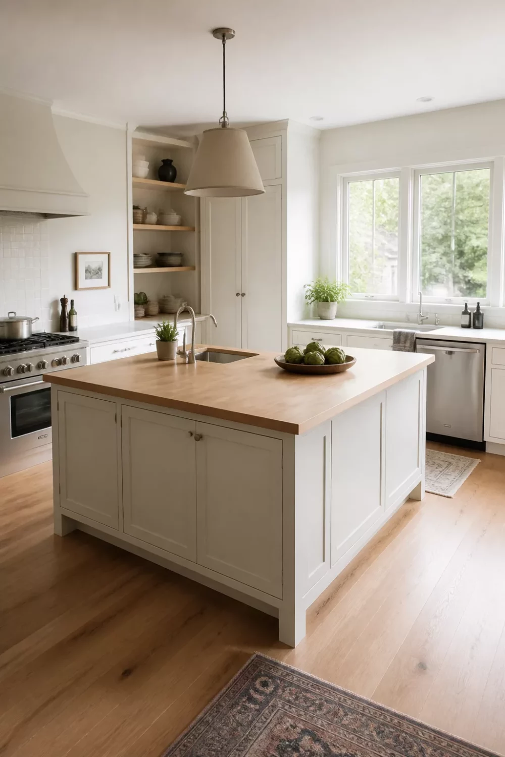 Blonde butcher block light wood kitchen countertop on a white shaker island with pendant lighting
