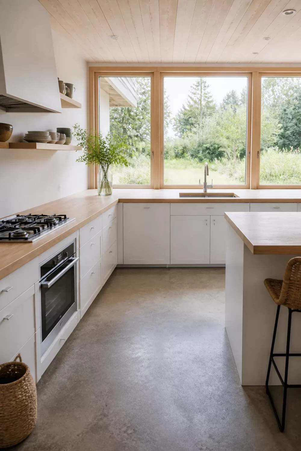 Light wood kitchen countertops wrapping white cabinetry with concrete floors and large windows in a bright modern kitchen.