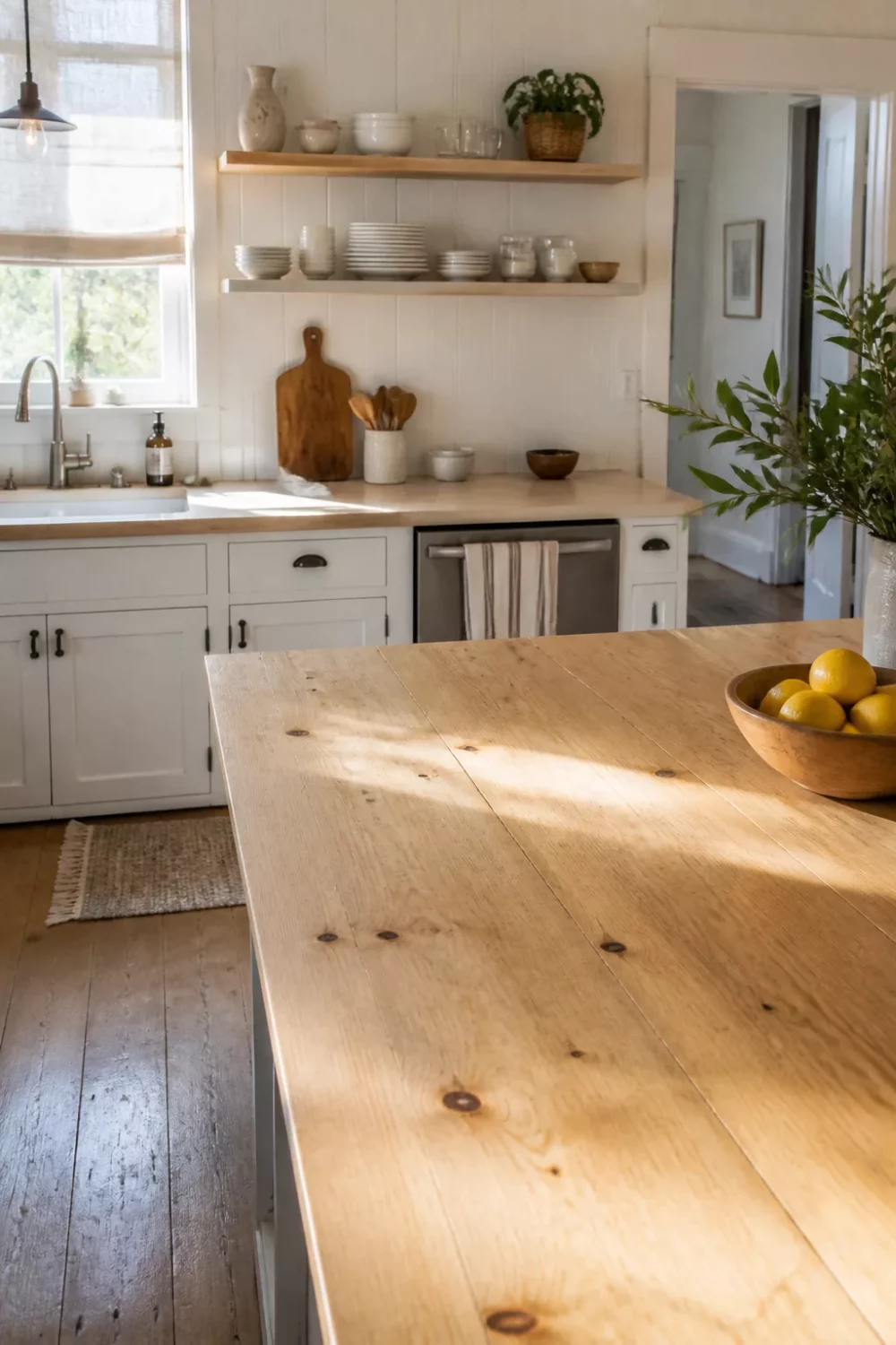 Knotty pine light wood kitchen countertops on a farmhouse island with white shaker cabinets and open shelving