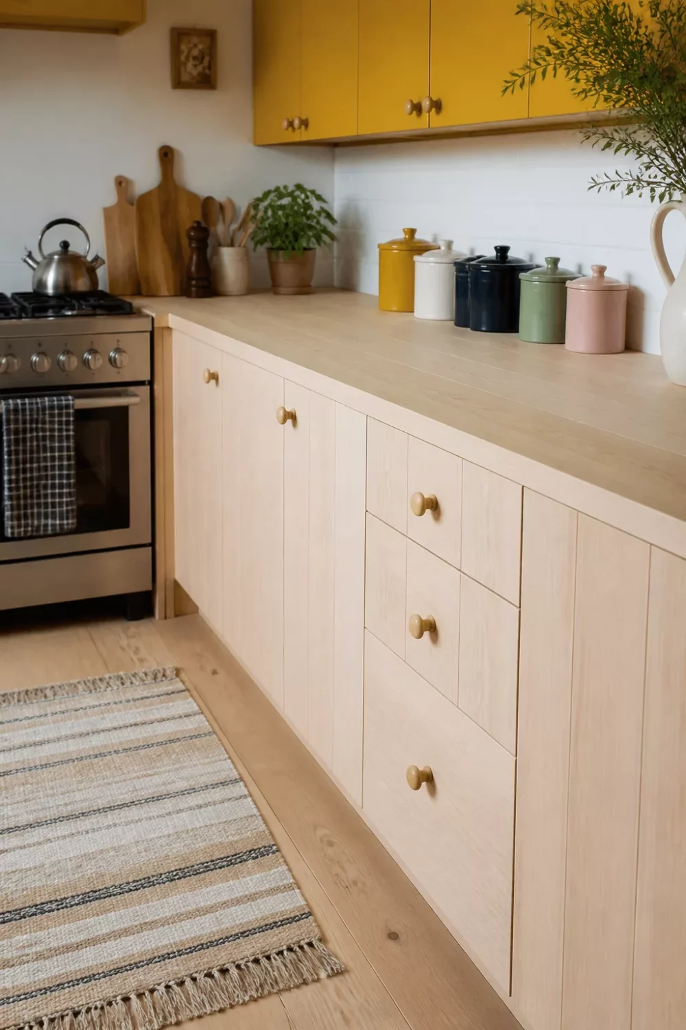 Light wood kitchen countertops with mustard yellow upper cabinets and colorful canisters in a bright kitchen