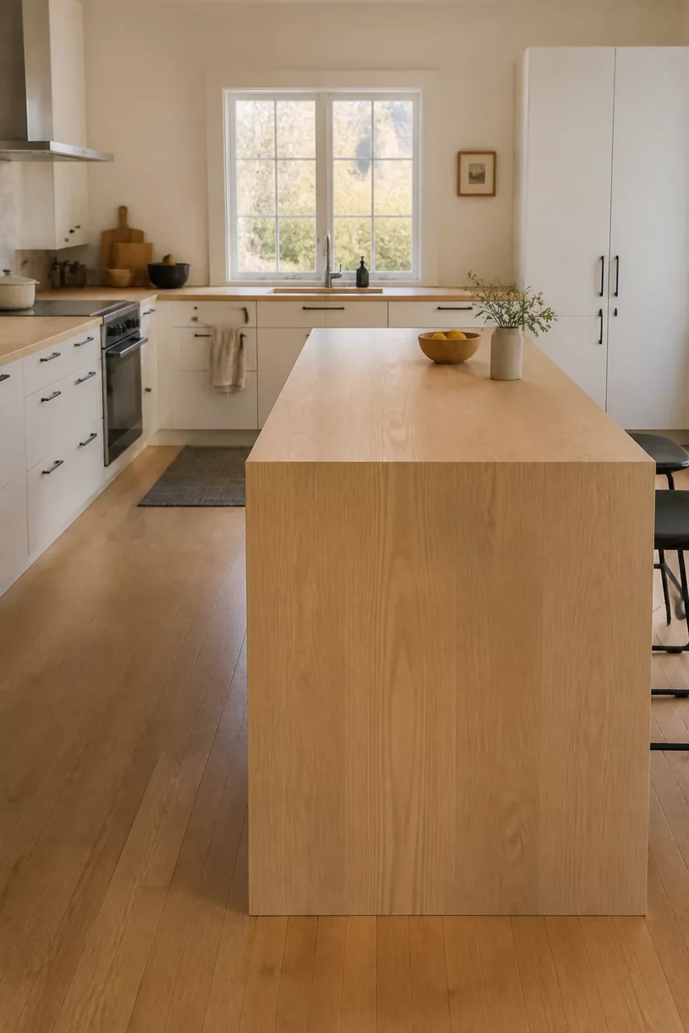 Light wood kitchen countertops with a pale waterfall island edge, white cabinetry, and hardwood floors