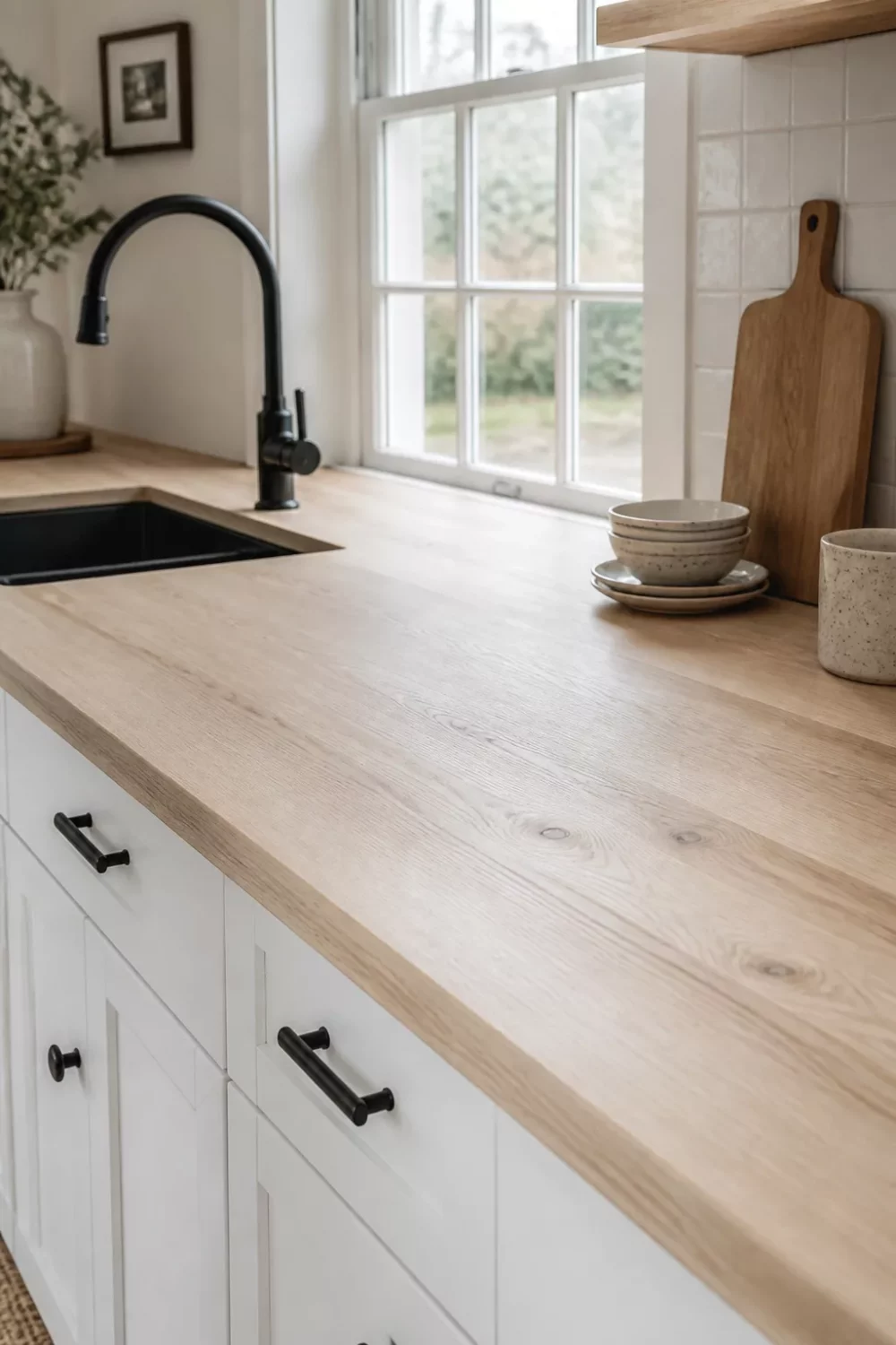 Pale ash light wood kitchen countertops with white shaker cabinets and matte black hardware