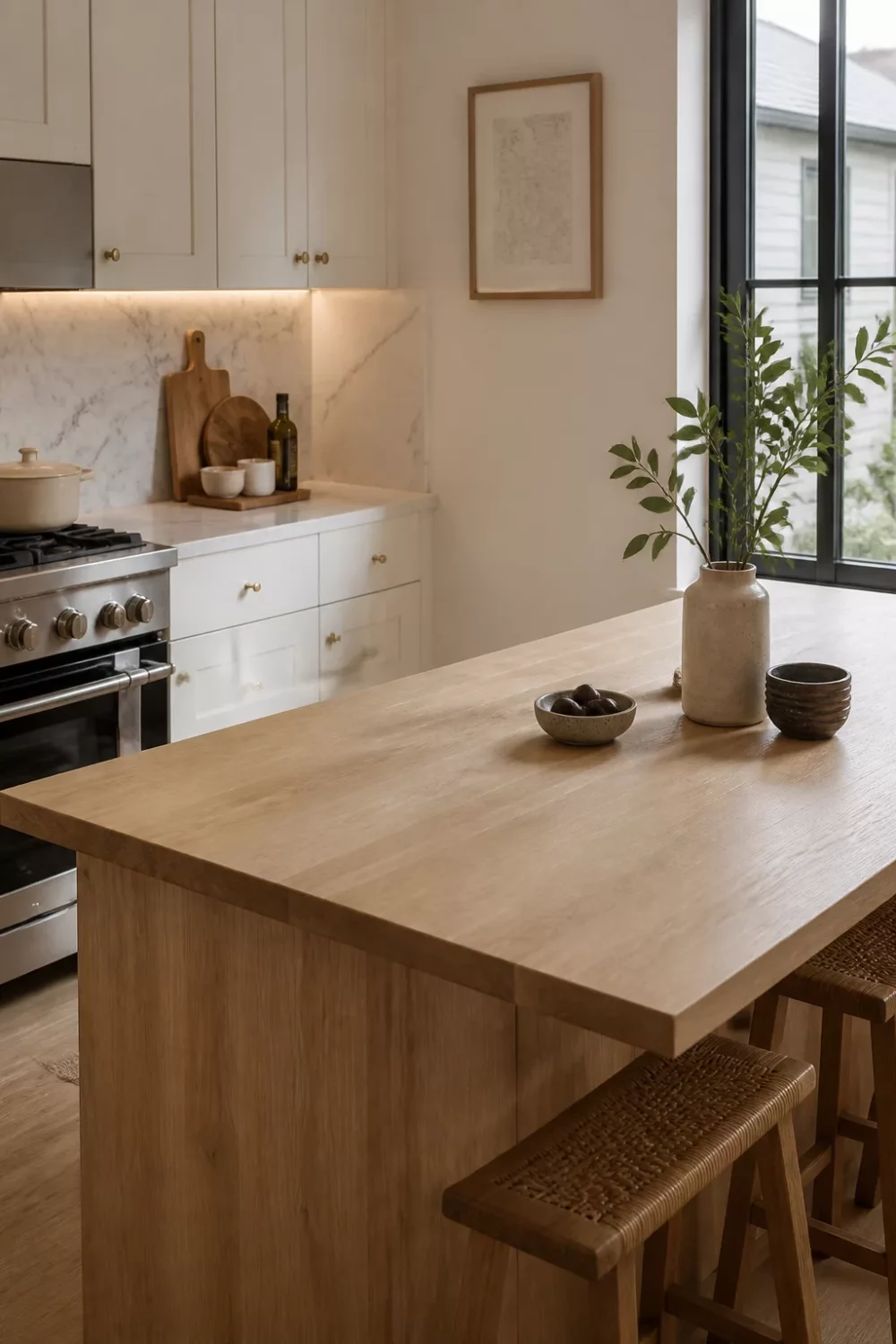 Light wood kitchen countertop on island paired with marble perimeter counters, white shaker cabinets, brass hardware