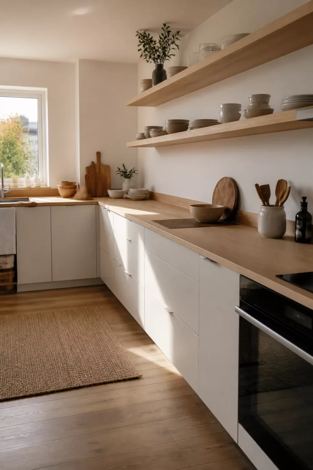 Scandinavian kitchen with light wood kitchen countertops, white flat-front cabinets, and open oak shelving.