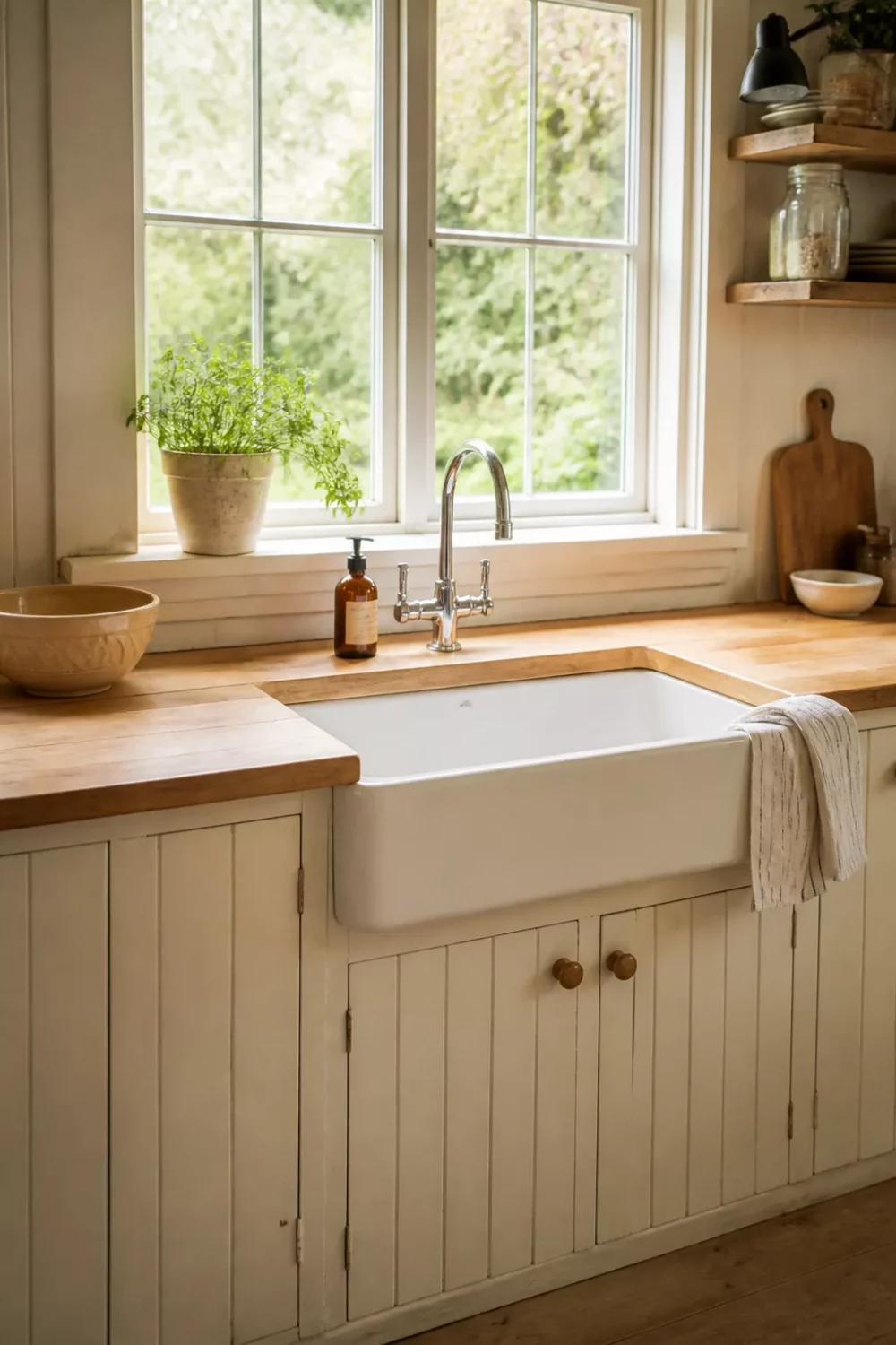Cottage kitchen with light wood kitchen countertops, white apron sink, beadboard cabinets, and a sunny garden window.