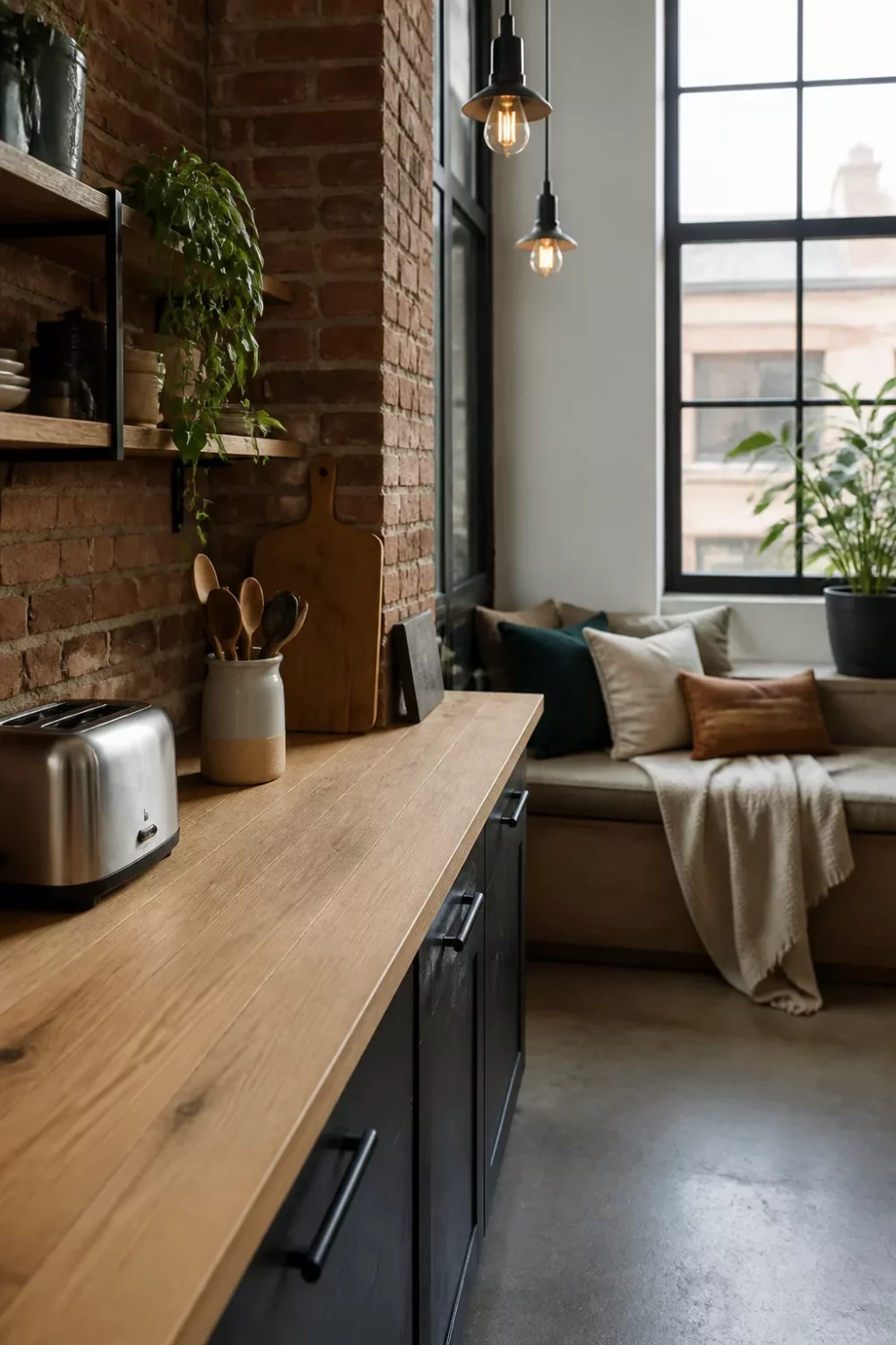 Light wood kitchen countertop in deep-grain oak with dark gray cabinets and exposed brick wall in an industrial loft
