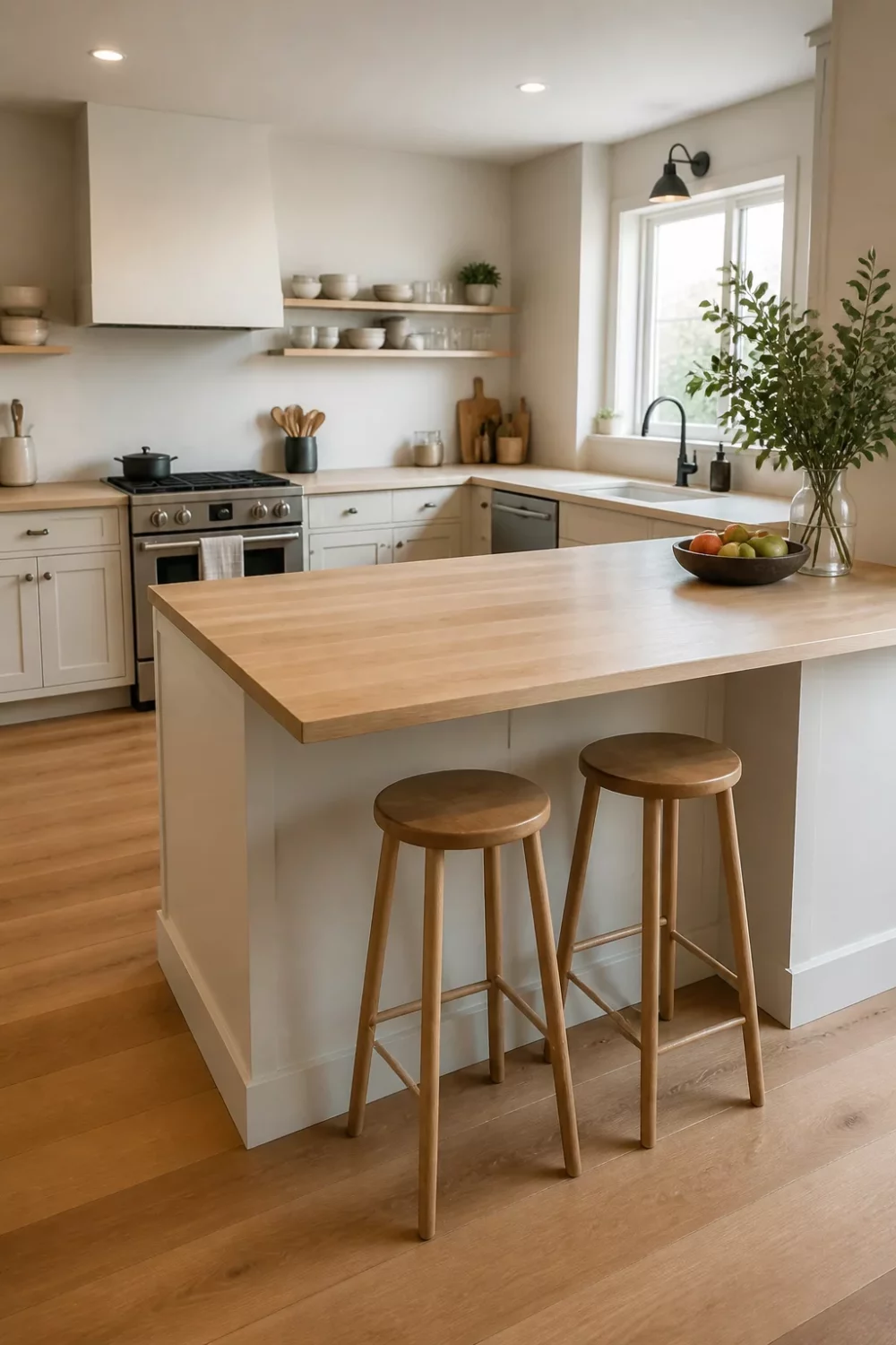 Light wood kitchen countertop with breakfast bar overhang and two wooden stools in a cream kitchen