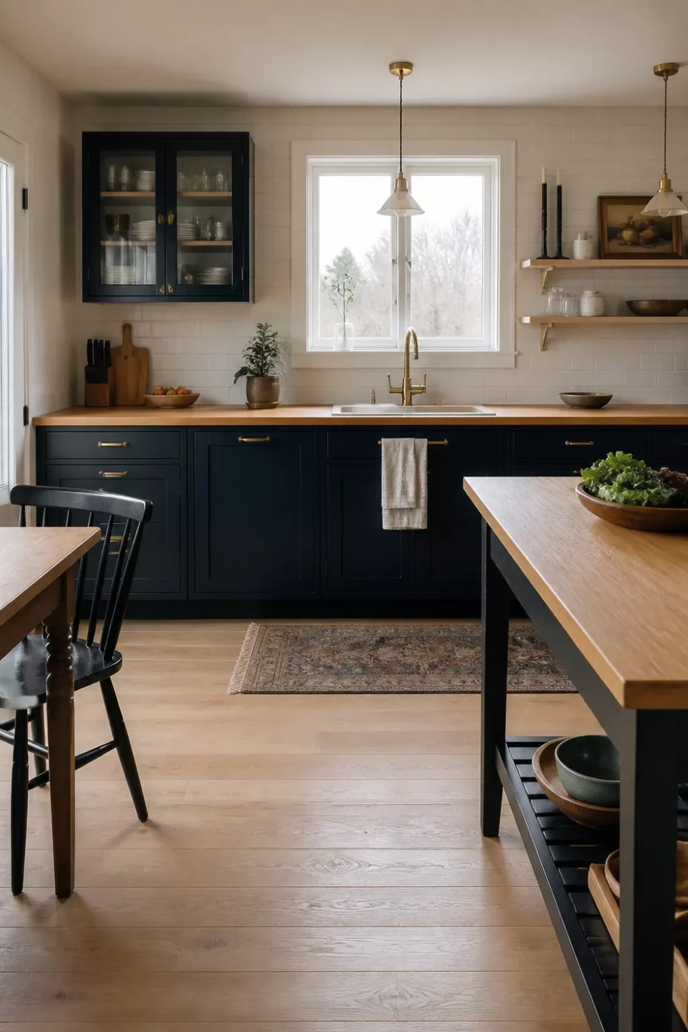 Navy shaker cabinets with light wood kitchen countertops, brass hardware, and open shelving in a classic kitchen