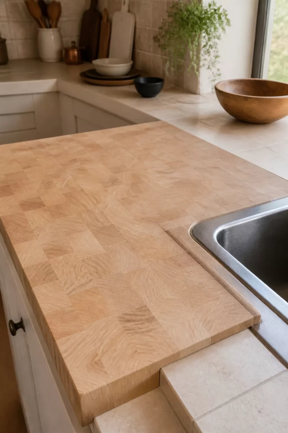 End-grain maple block light wood kitchen countertop next to stainless sink in a cream kitchen