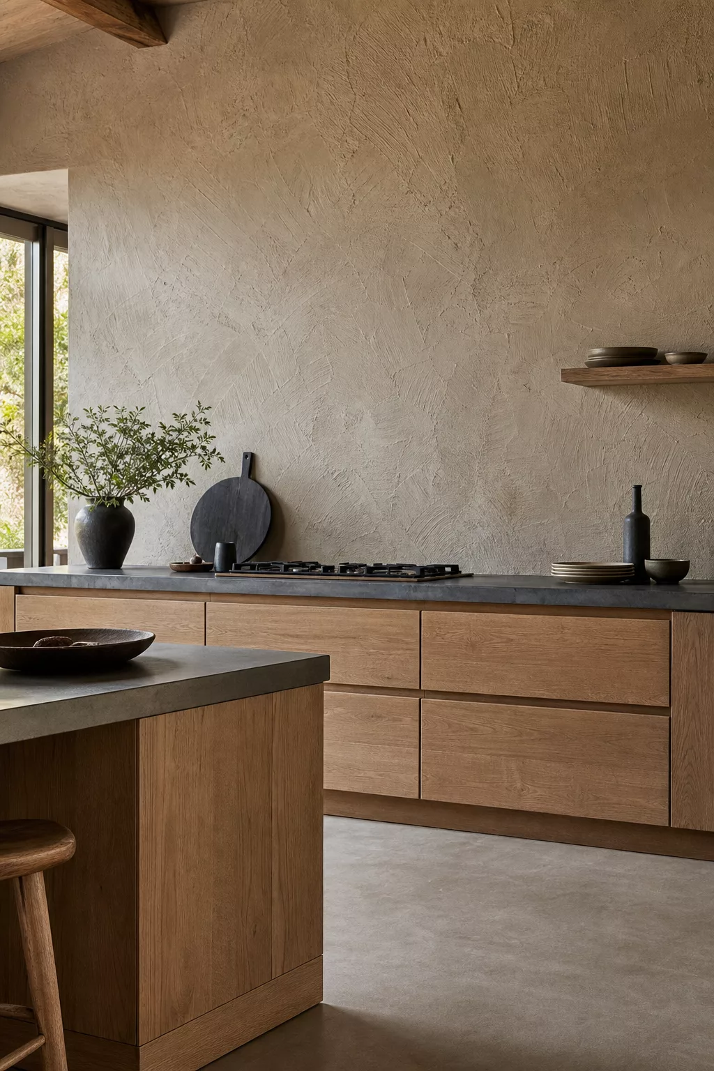 Minimalist Japandi kitchen design with warm textured plaster wall behind cooktop