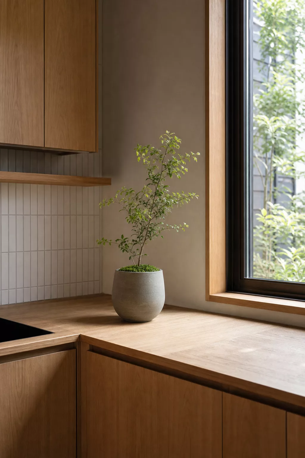 Sunlit window corner with potted plant in a minimalist Japandi kitchen design