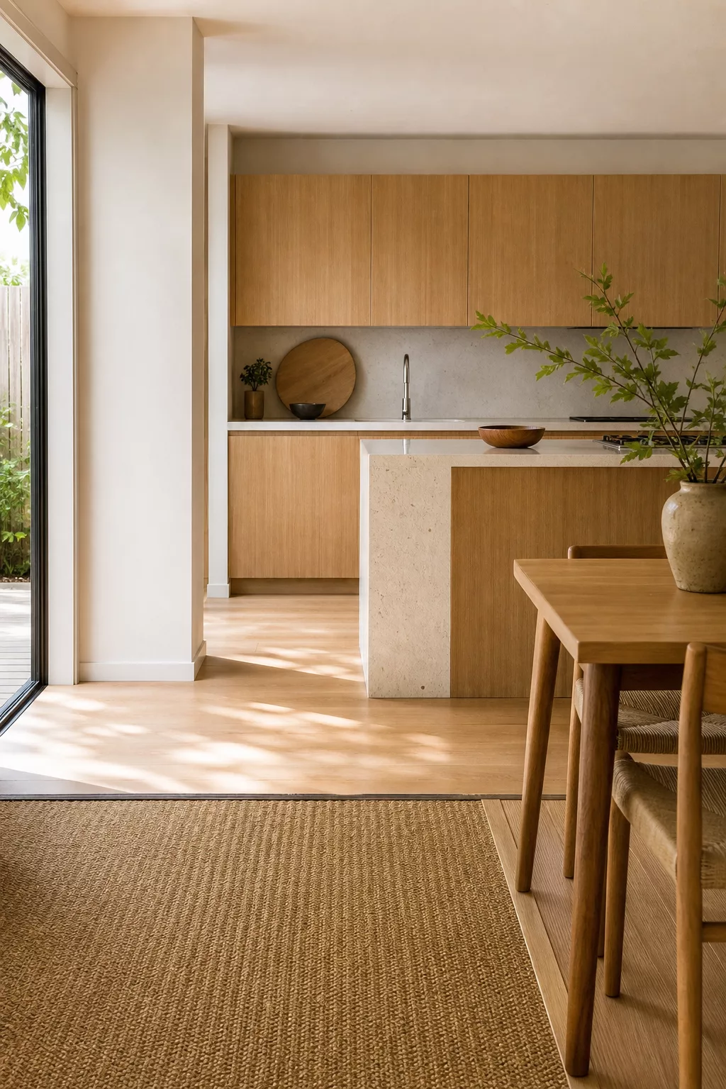 Woven jute rug and light oak floor in a Minimalist Japandi Kitchen Design