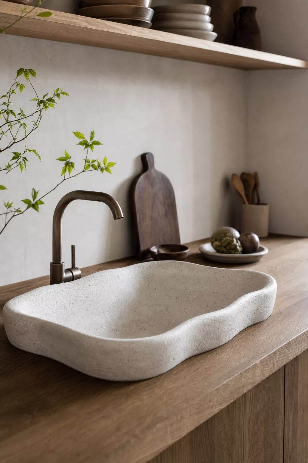 Organic ceramic vessel sink on wood counter, a detail from Minimalist Japandi Kitchen Designs