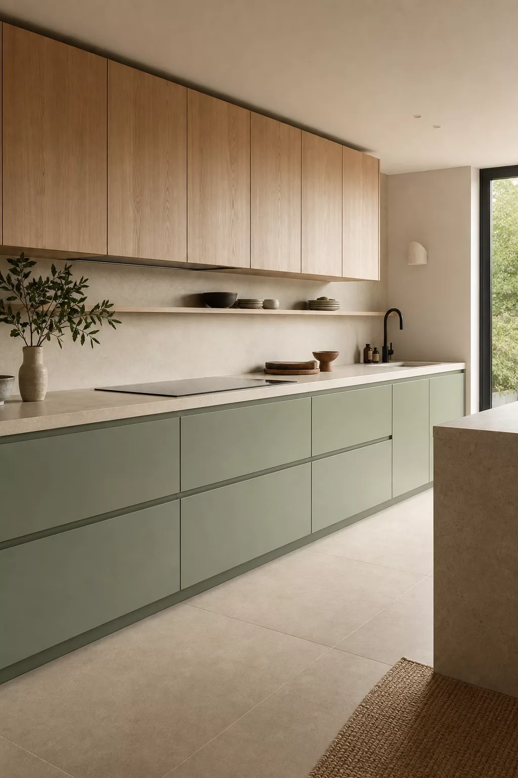 Minimalist Japandi kitchen design with muted sage green lower cabinets and oak uppers