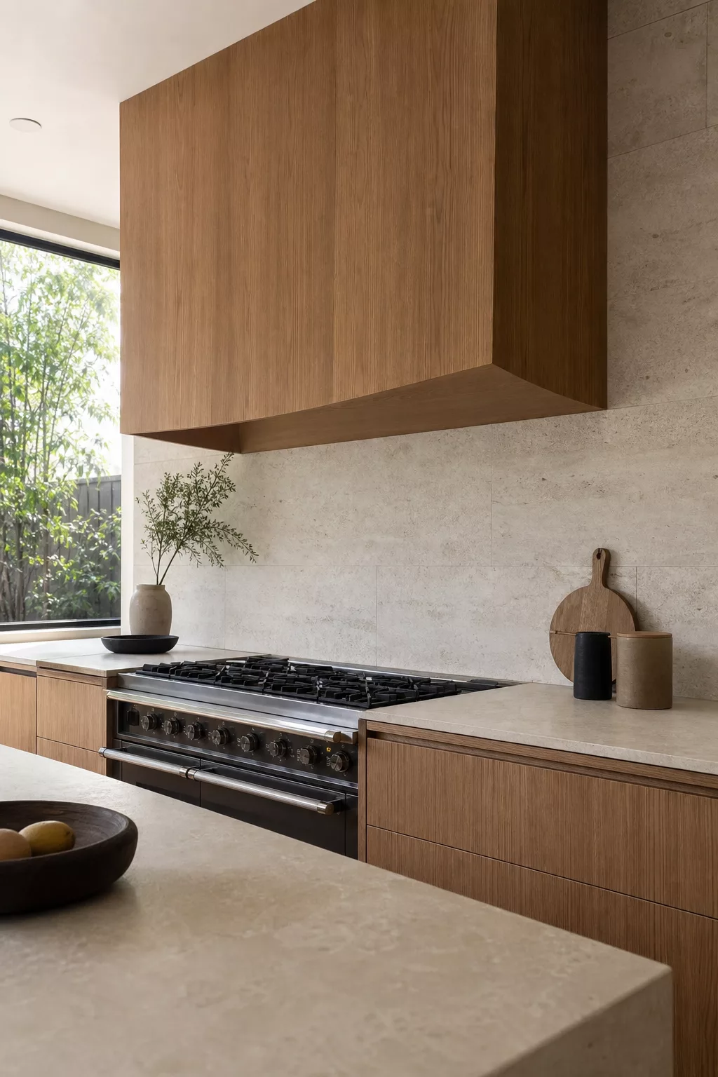 Minimalist Japandi kitchen design with floating wood vent hood over range