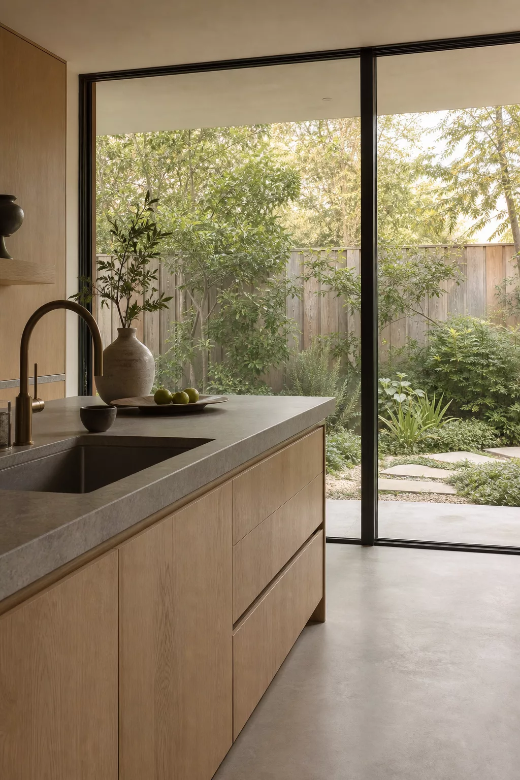 Minimalist Japandi kitchen design with sliding glass wall opening to garden