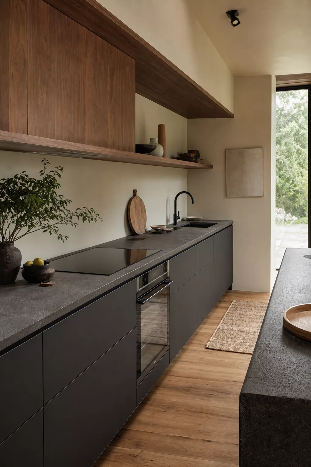 Charcoal cabinetry and walnut shelving in a minimalist Japandi kitchen design