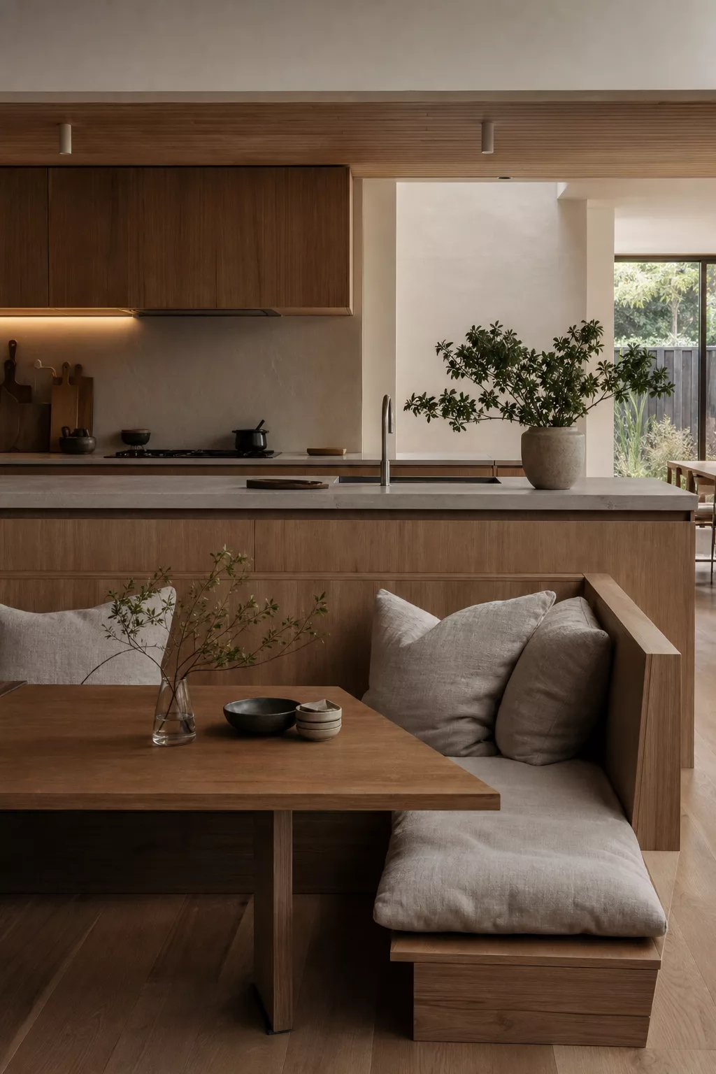 Minimalist Japandi kitchen design with walnut breakfast nook bench beside the island