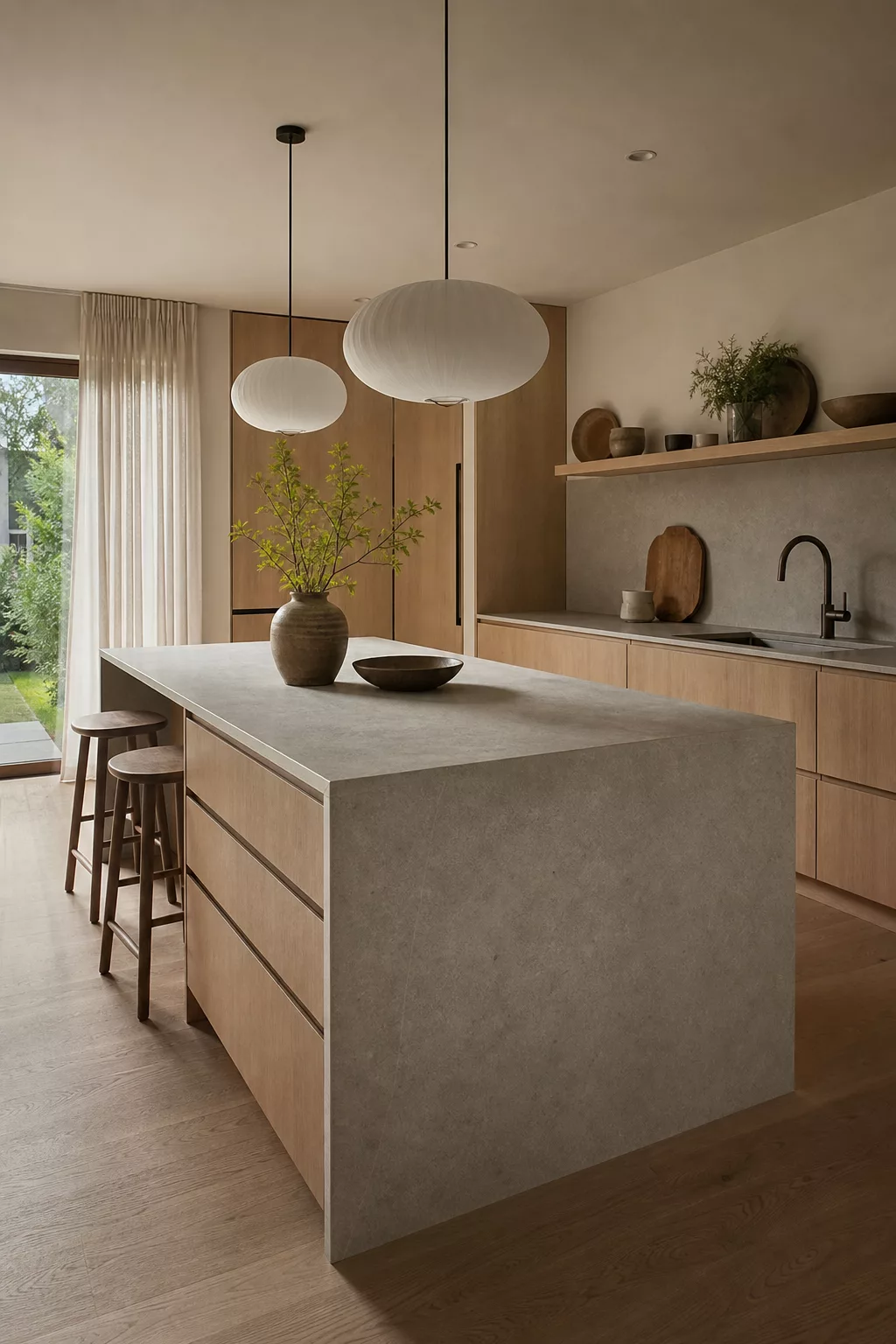 Minimalist Japandi kitchen design with handleless oak island and stone waterfall edge