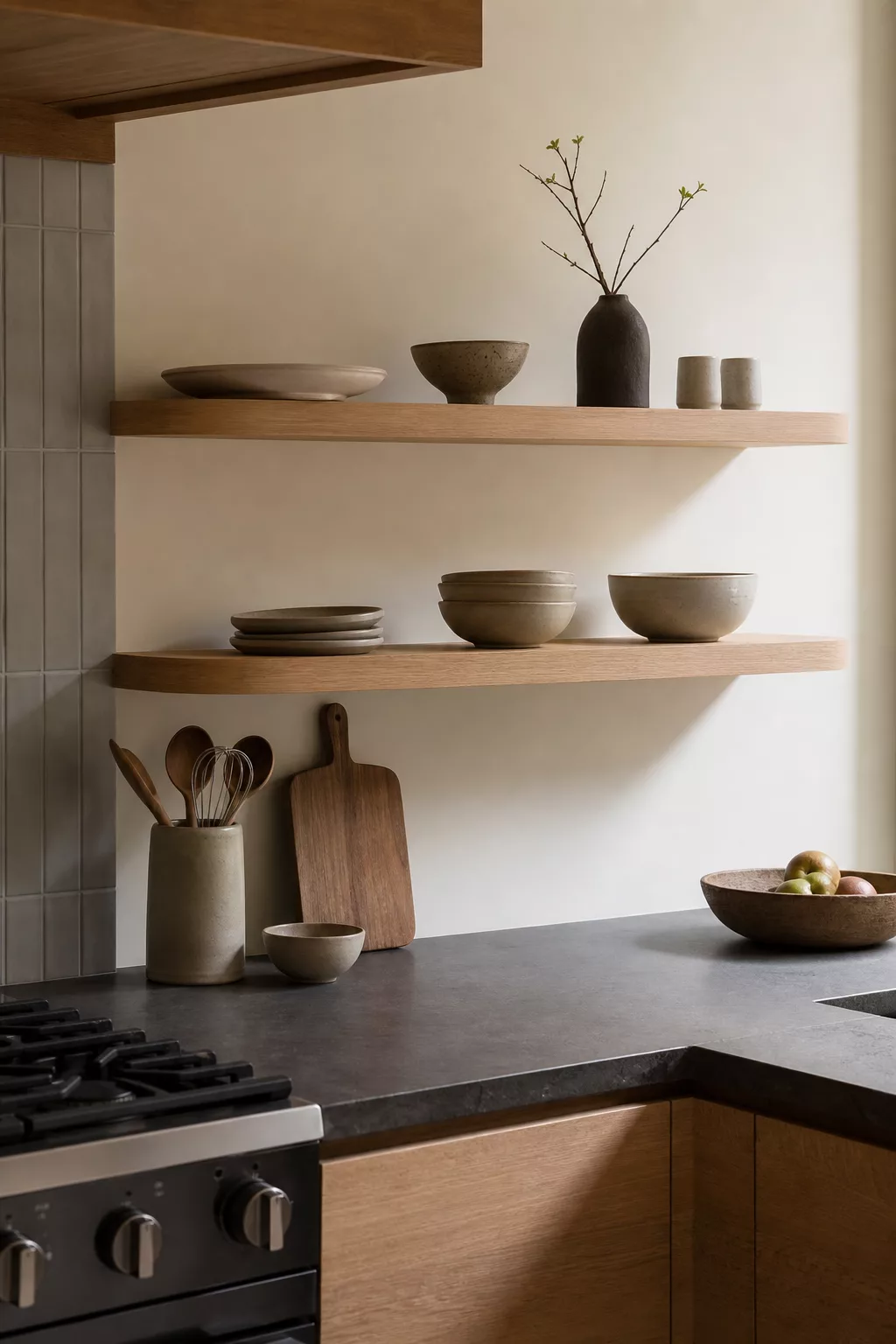 Open oak shelving with ceramic bowls in a minimalist Japandi kitchen design