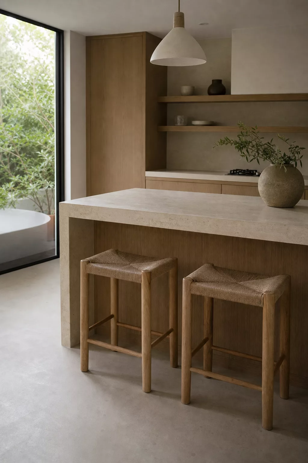 Low woven rush-seat wood stools at island, minimalist Japandi kitchen design