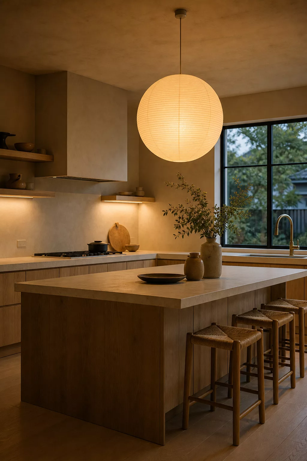 Paper lantern pendant glowing over island in a minimalist Japandi kitchen design