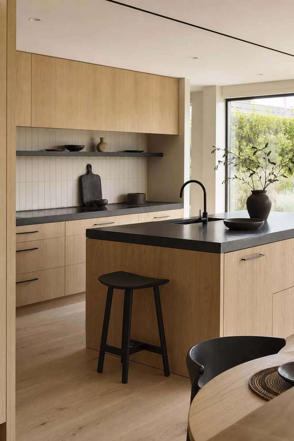Modern Japandi kitchen ideas with white oak cabinetry and matte black hardware