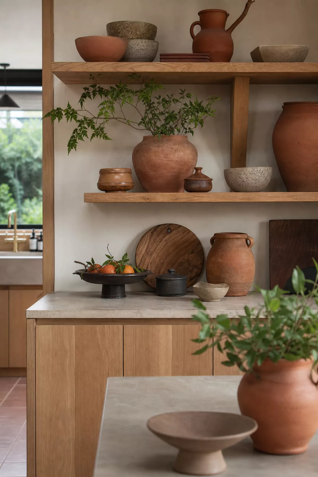 Terracotta pots and clay vessels styled on wood shelves in a Modern Japandi Kitchen Ideas setup