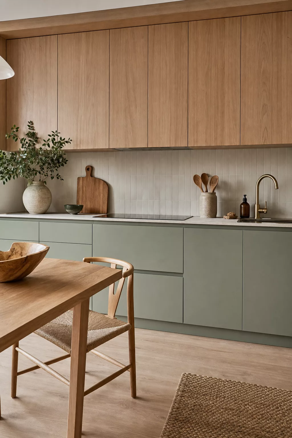 Sage green lower cabinets and oak uppers in a Modern Japandi Kitchen Ideas layout