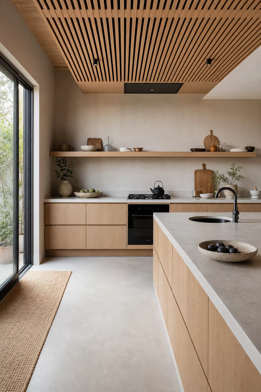Modern Japandi kitchen ideas featuring a warm wood slat ceiling above the cooktop