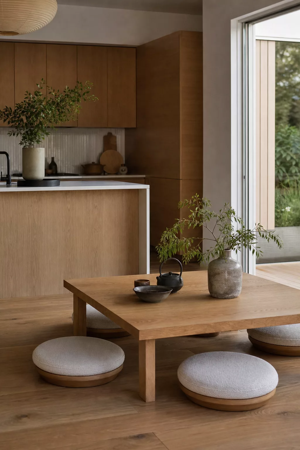Modern Japandi kitchen ideas: low wood breakfast nook with floor cushions