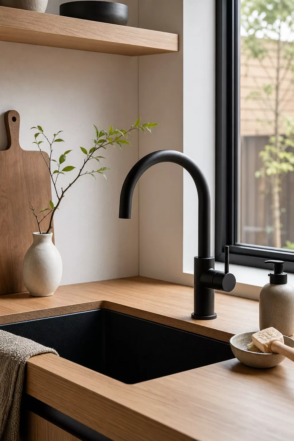 Matte black faucet and sink detail in a Modern Japandi Kitchen Ideas setup