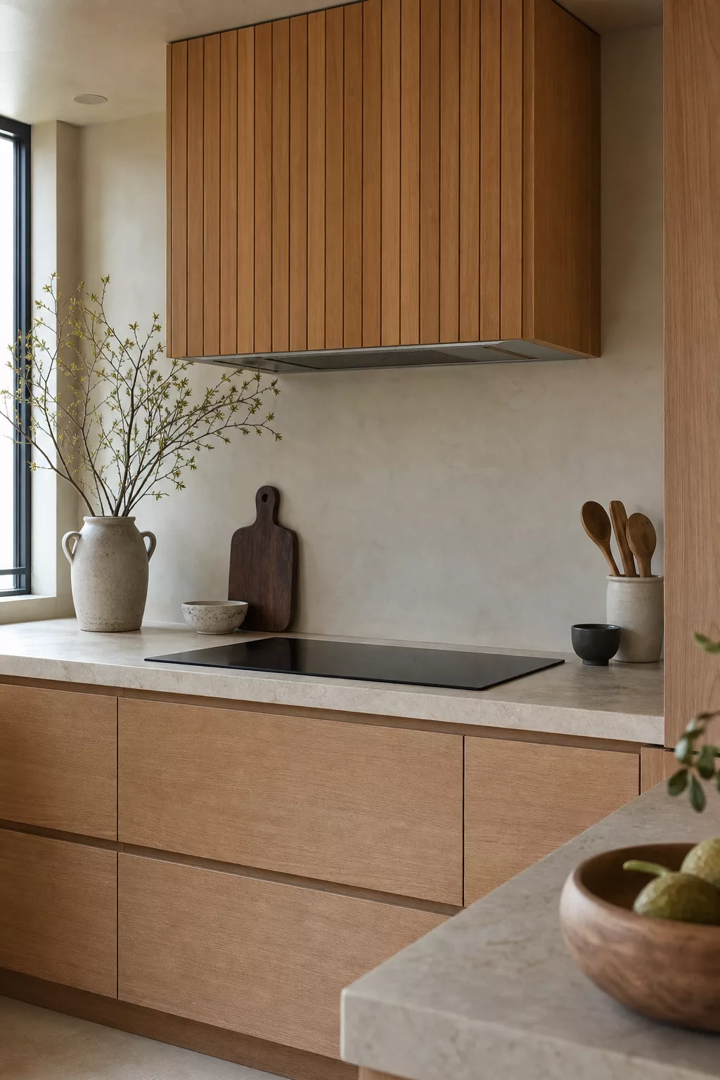 Fluted wood-clad range hood over cooktop, a detail from modern Japandi kitchen ideas