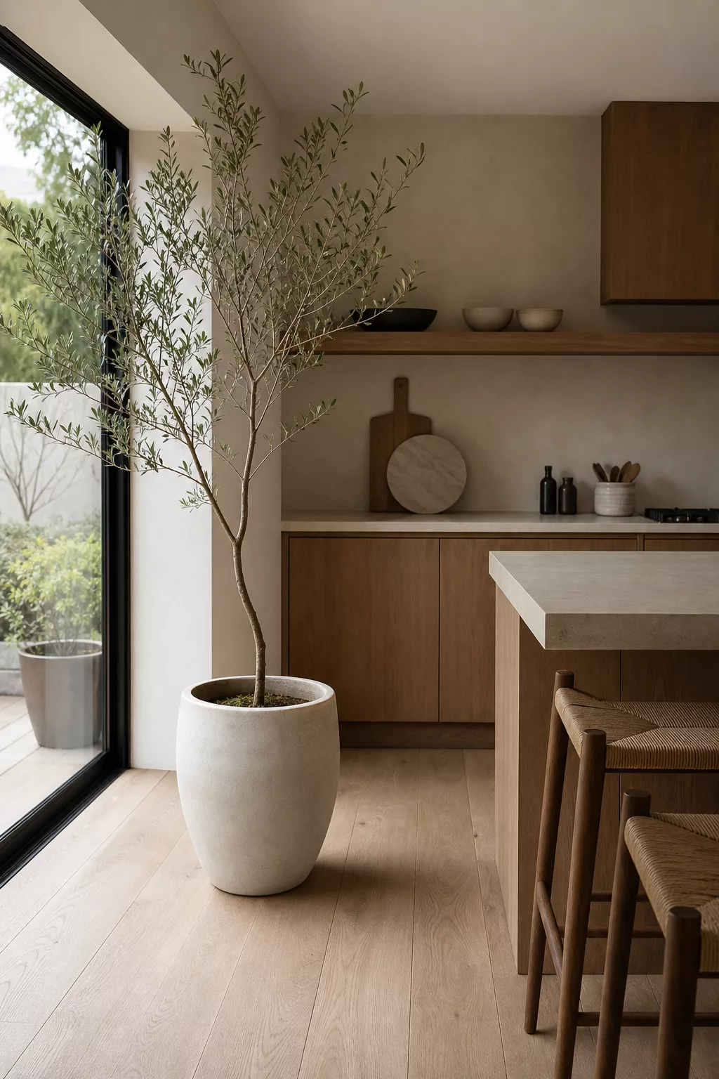 Potted olive tree by window in a modern Japandi kitchen ideas corner