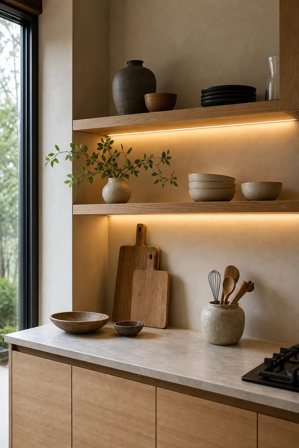 Floating Wood Shelves with Under-Cabinet Lighting