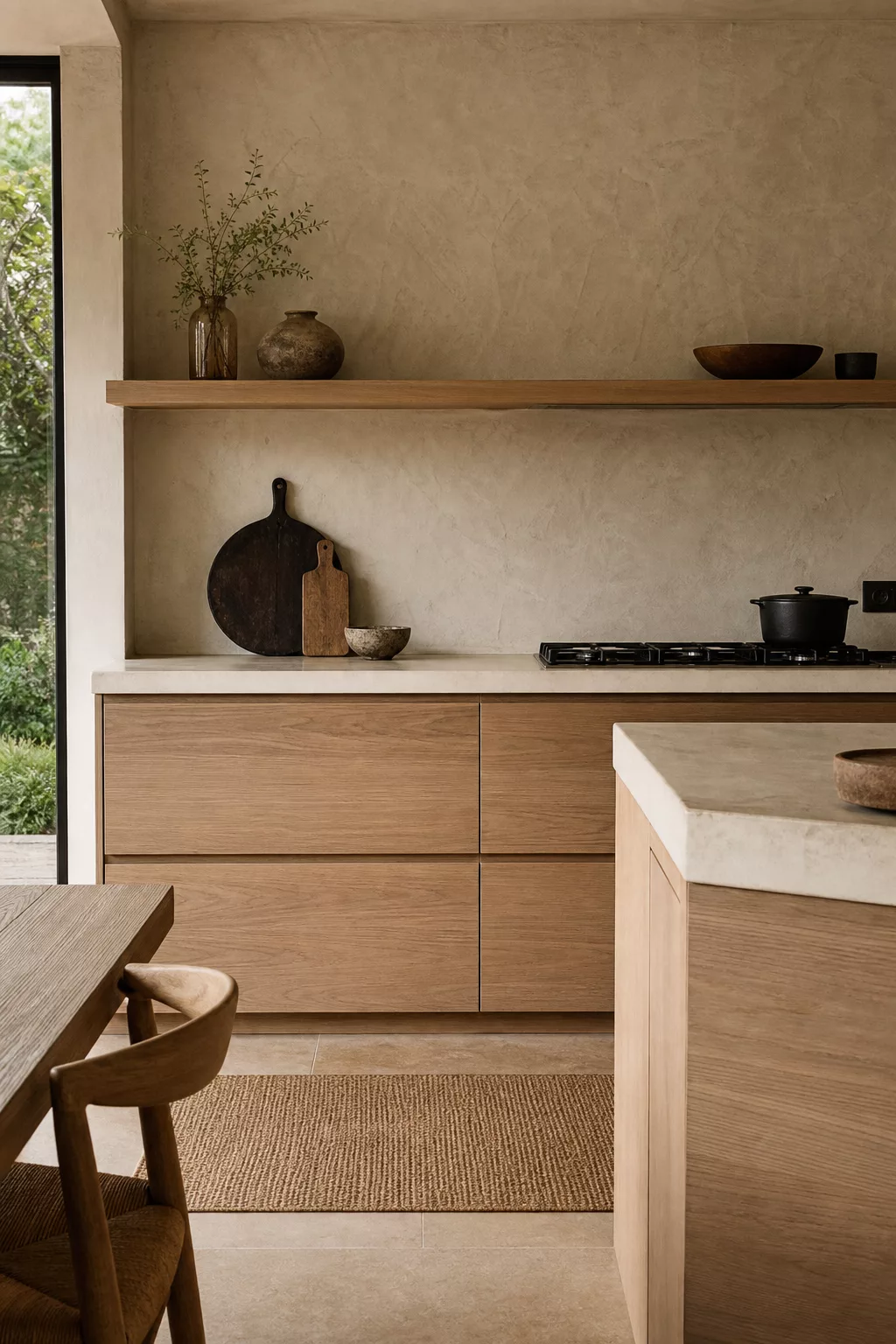 Textured lime plaster wall behind oak cabinets in a Modern Japandi Kitchen Ideas setting