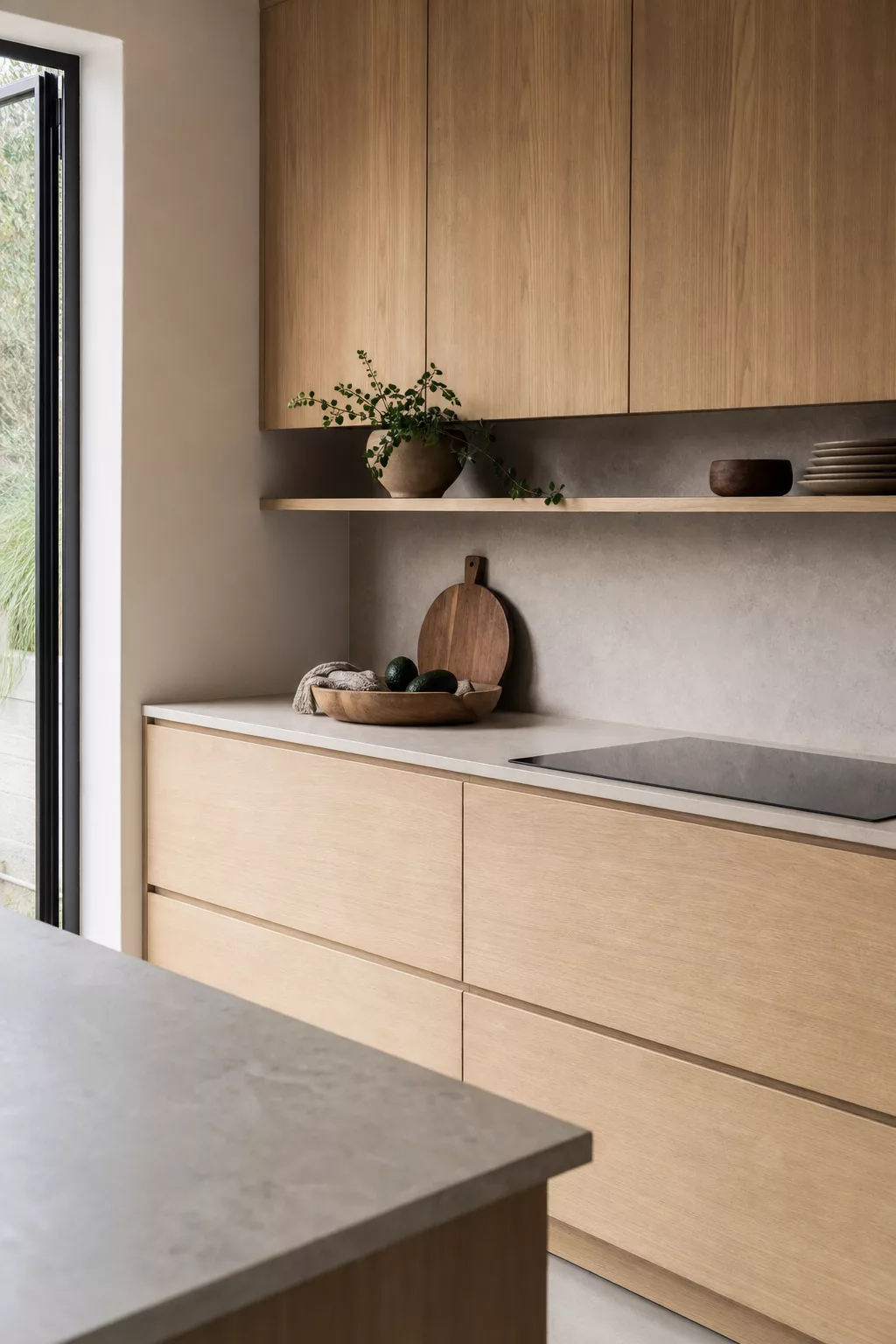 Modern Japandi kitchen ideas with handleless oak flat-panel cabinets and floating shelf