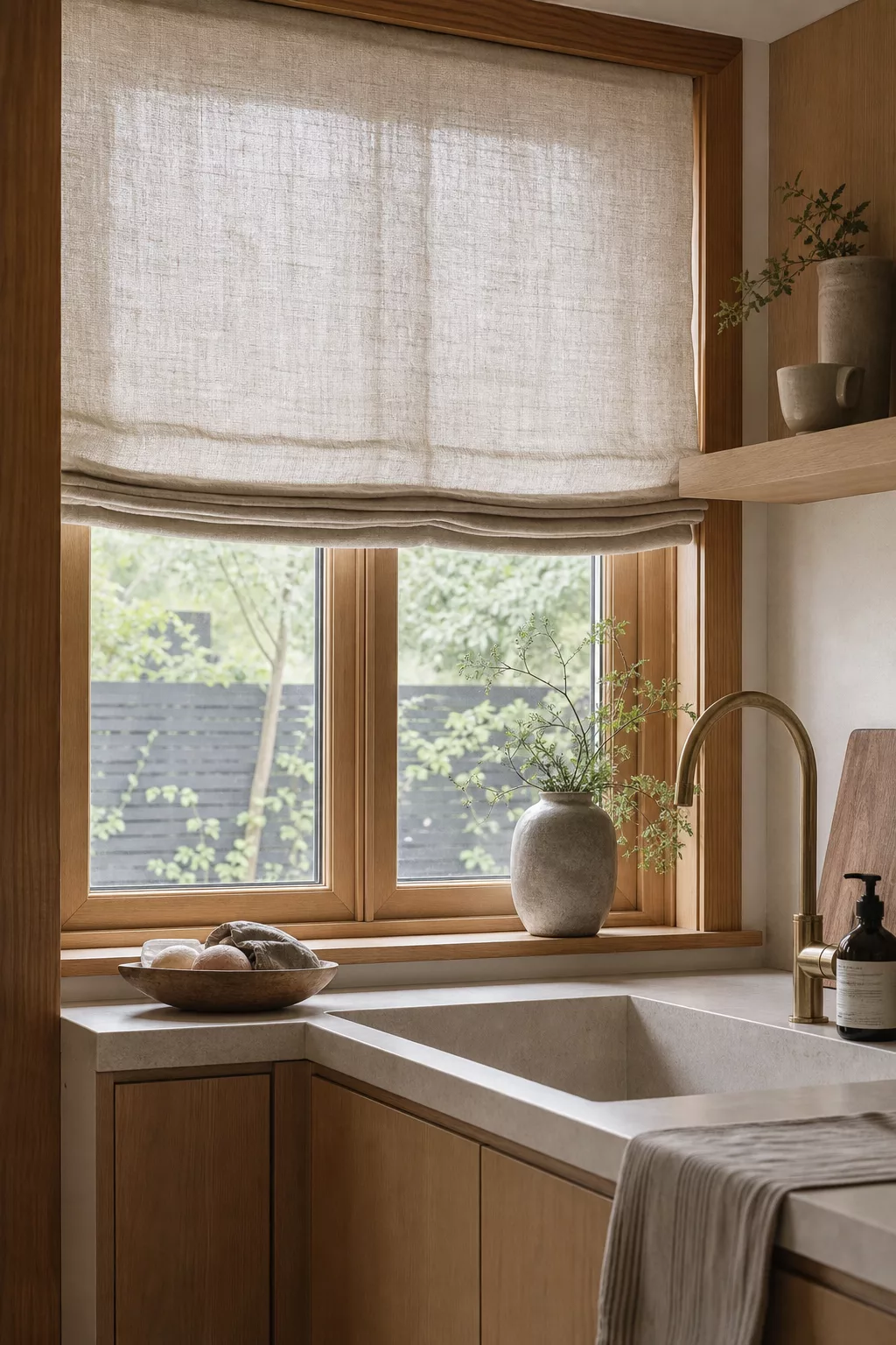 Linen roman shade over oak window frame in a Modern Japandi Kitchen Ideas nook