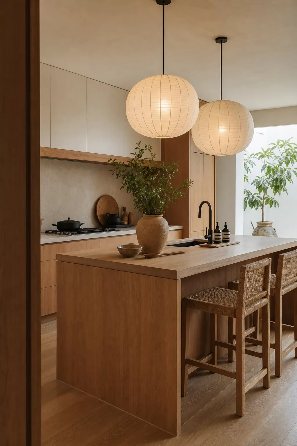 Modern Japandi kitchen ideas with low-slung paper pendant lights over a wood island